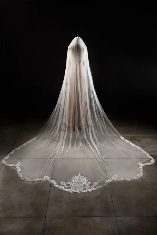 One-tier Lace Edge Tulle Lace Cathedral Veils with Appliques CV0287 sold by Cocomelody