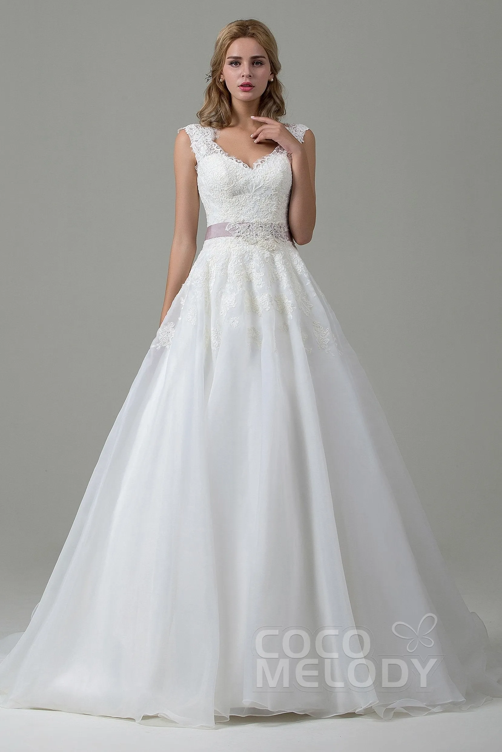 A-Line Court Train Lace and Organza Wedding Dress CWZT15007 sold by Cocomelody