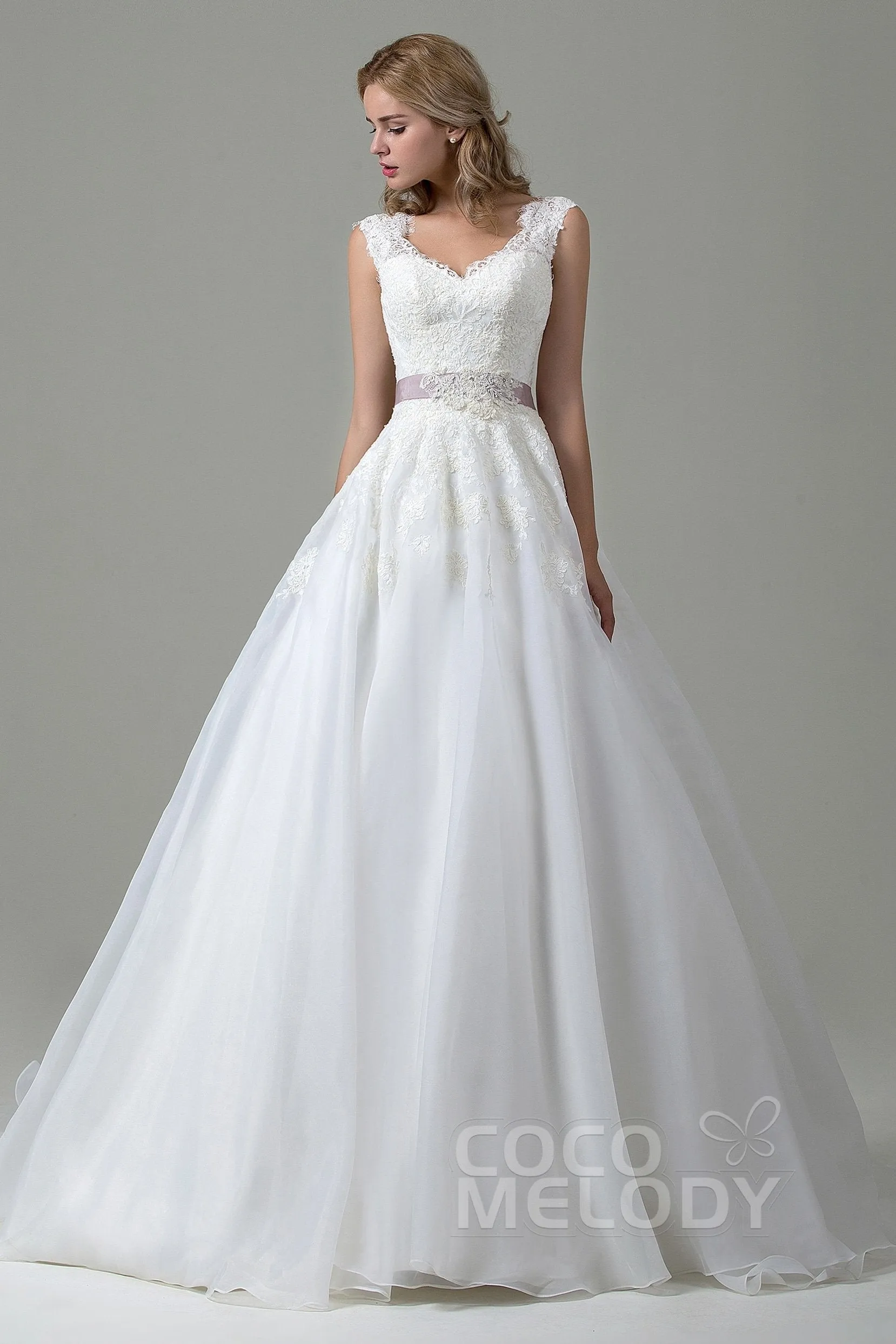 A-Line Court Train Lace and Organza Wedding Dress CWZT15007 sold by Cocomelody product image thumbnail 3