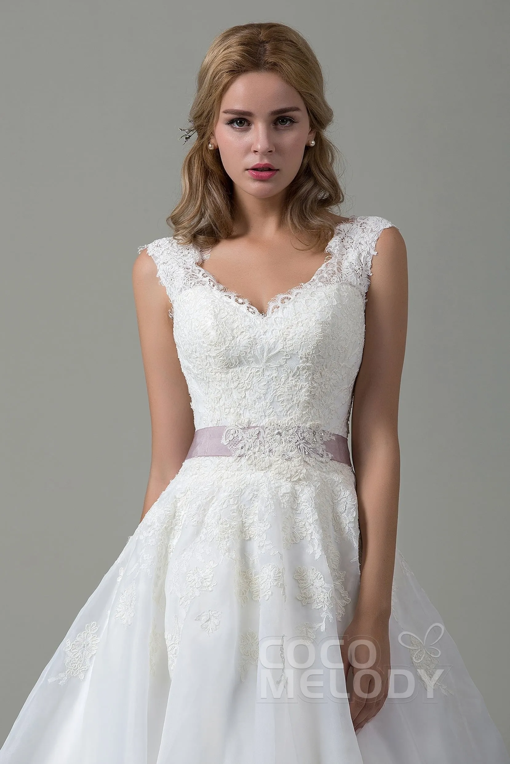 A-Line Court Train Lace and Organza Wedding Dress CWZT15007 sold by Cocomelody product image thumbnail 4