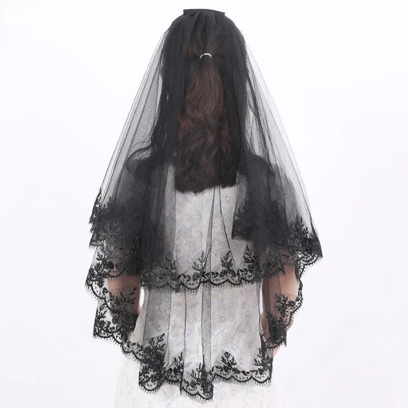 Short double comb Halloween black headdress lace veil 652118383139 sold by Cocomelody