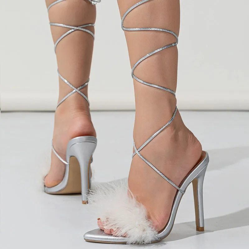 Furry sandals Fashion sexy lace-up pointy stiletto heels dress shoes 691663050055 sold by Cocomelody product image thumbnail 3