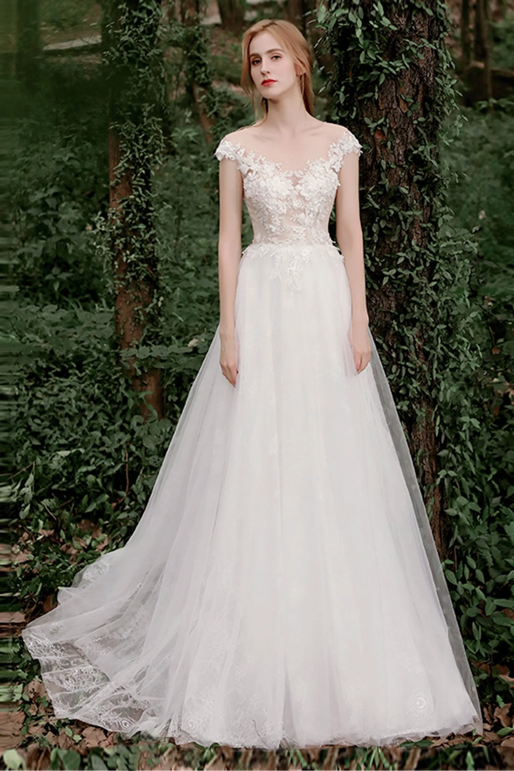 A-Line Sweep-Brush Train Lace Tulle Wedding Dress CW2727 sold by Cocomelody