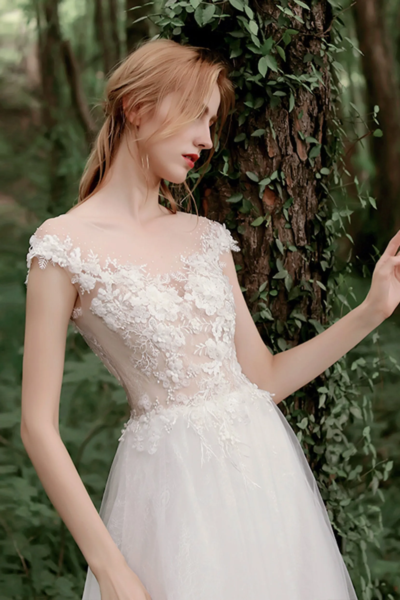 A-Line Sweep-Brush Train Lace Tulle Wedding Dress CW2727 sold by Cocomelody product image thumbnail 4
