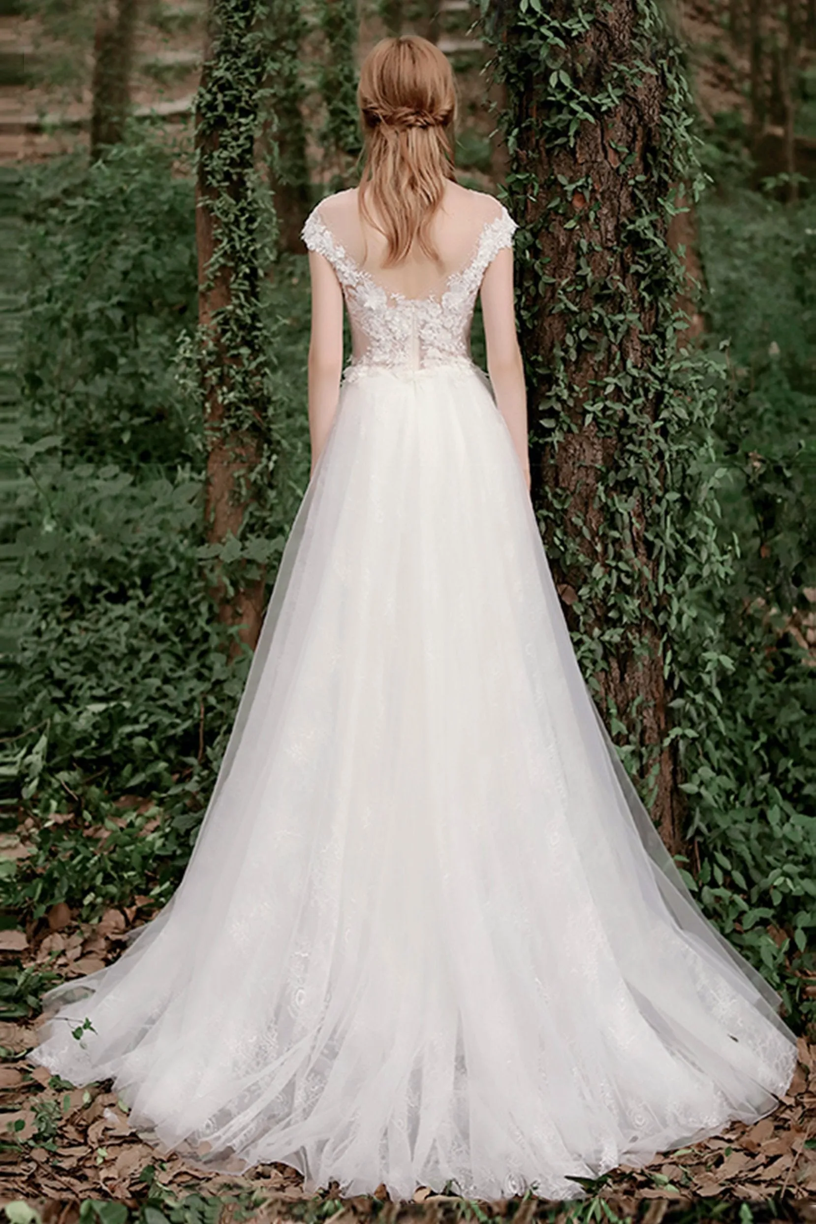 A-Line Sweep-Brush Train Lace Tulle Wedding Dress CW2727 sold by Cocomelody product image thumbnail 2