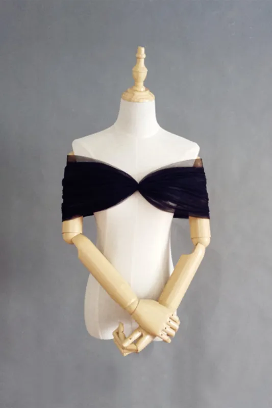 Black Tulle Wedding Shawl with Pleating CJ0097 sold by Cocomelody