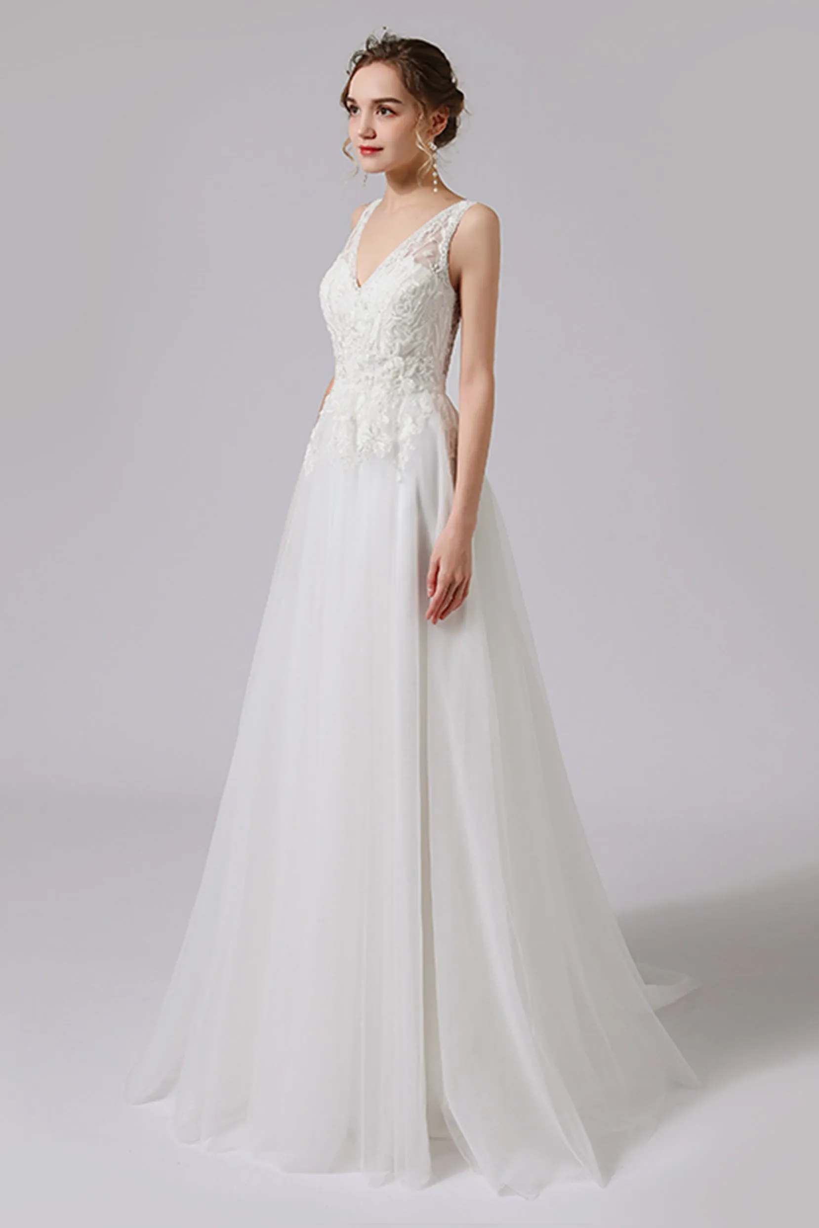 A-Line Sweep-Brush Train Lace Tulle Wedding Dress CW2723 sold by Cocomelody product image thumbnail 3