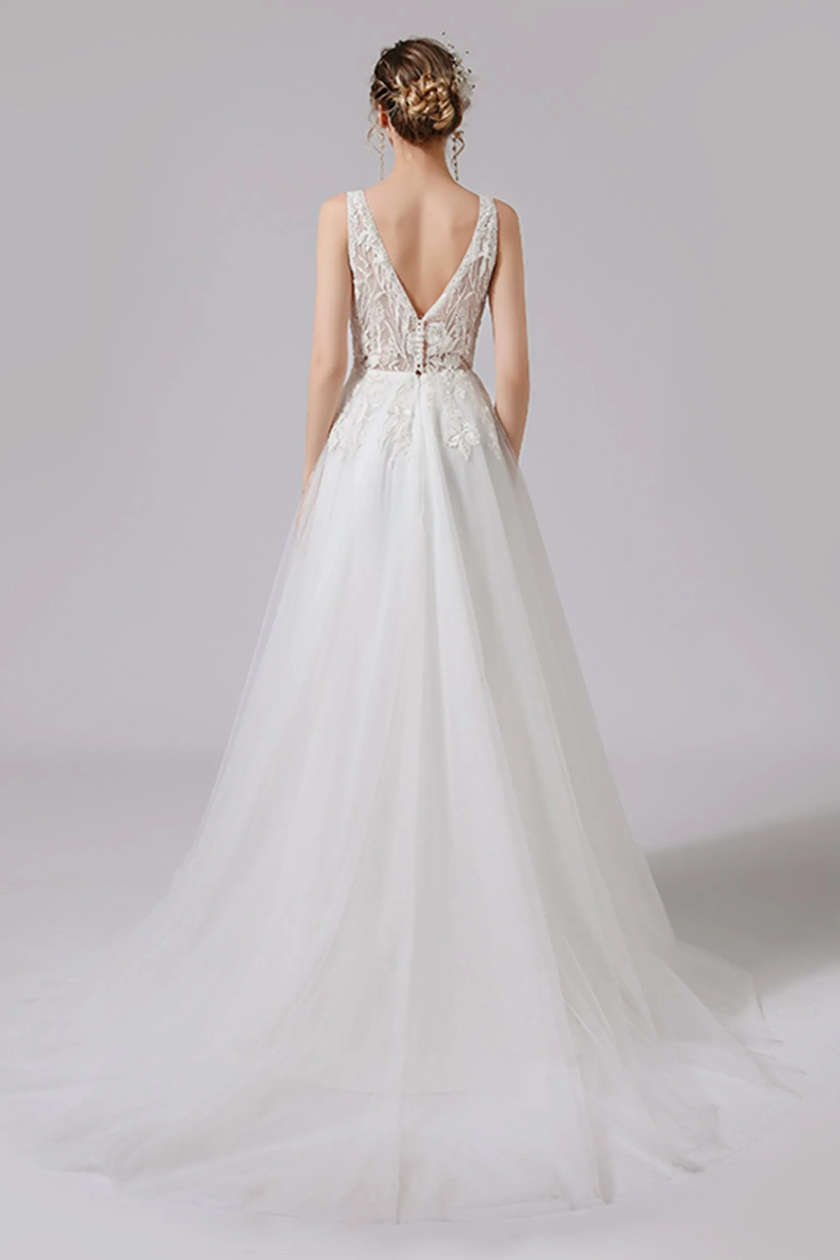 A-Line Sweep-Brush Train Lace Tulle Wedding Dress CW2723 sold by Cocomelody product image thumbnail 2