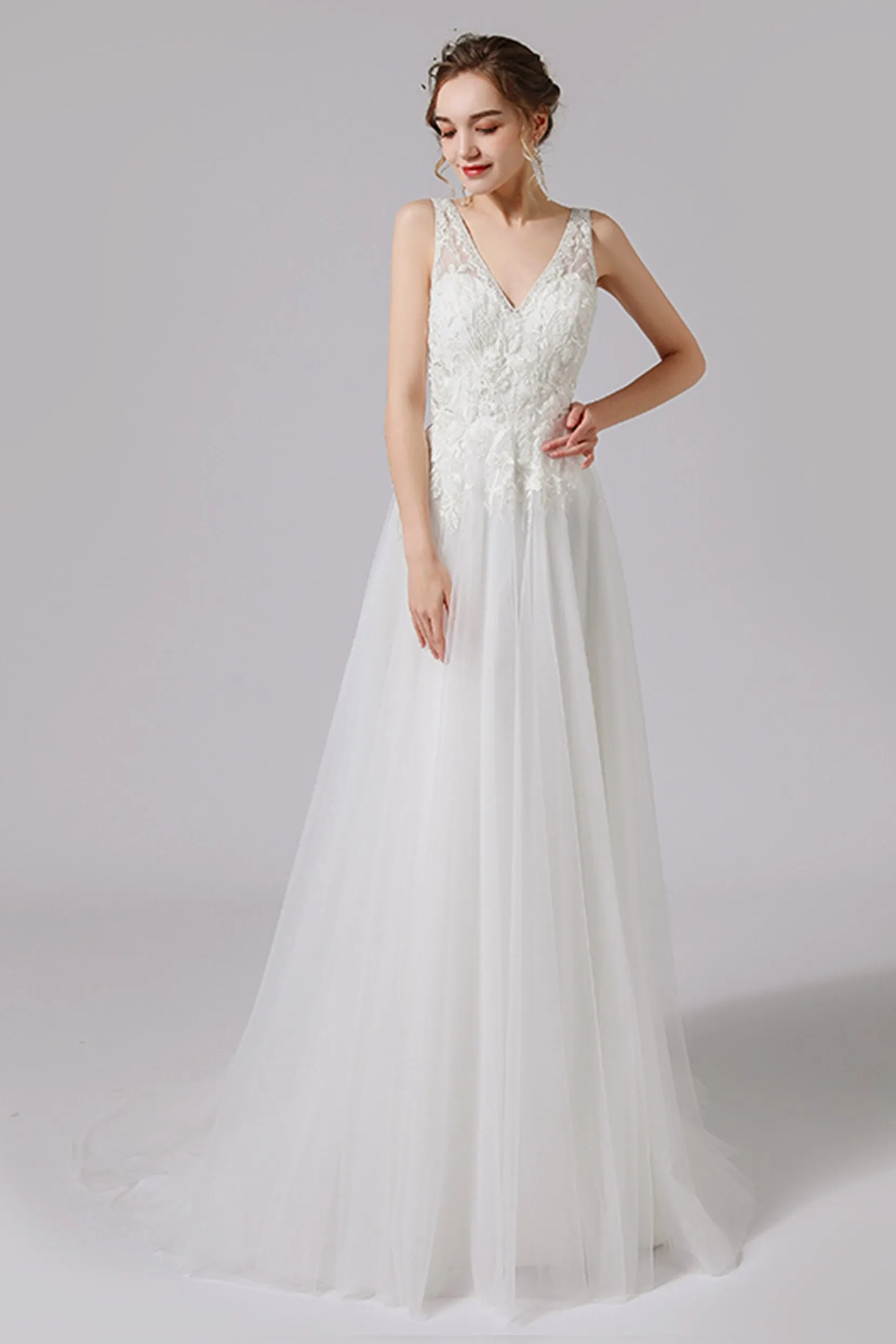 A-Line Sweep-Brush Train Lace Tulle Wedding Dress CW2723 sold by Cocomelody