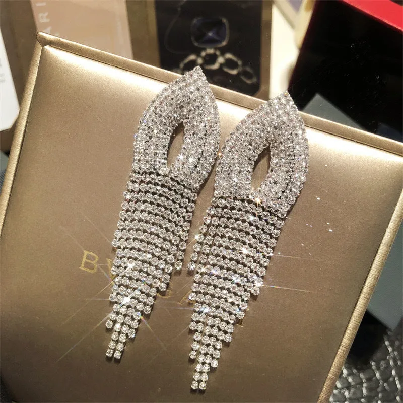 Design sense rhinestone long tassel drop earrings stud ear clips 731781713062 sold by Cocomelody product image thumbnail 4