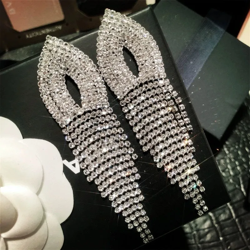 Design sense rhinestone long tassel drop earrings stud ear clips 731781713062 sold by Cocomelody product image thumbnail 2