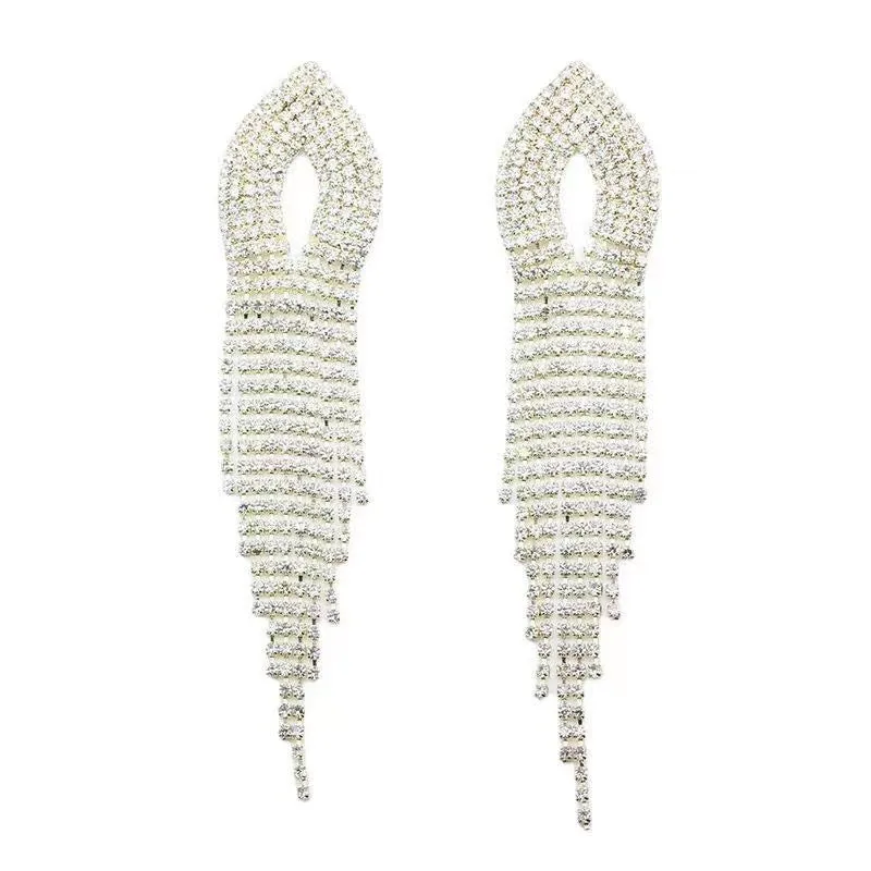 Design sense rhinestone long tassel drop earrings stud ear clips 731781713062 sold by Cocomelody