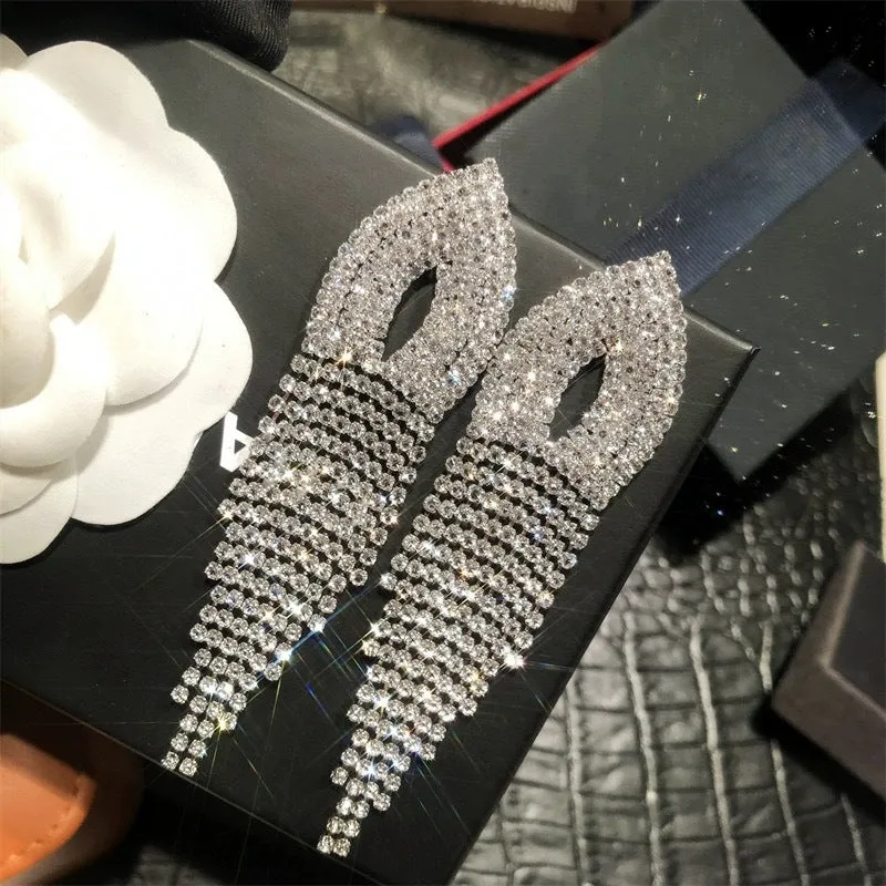 Design sense rhinestone long tassel drop earrings stud ear clips 731781713062 sold by Cocomelody product image thumbnail 3