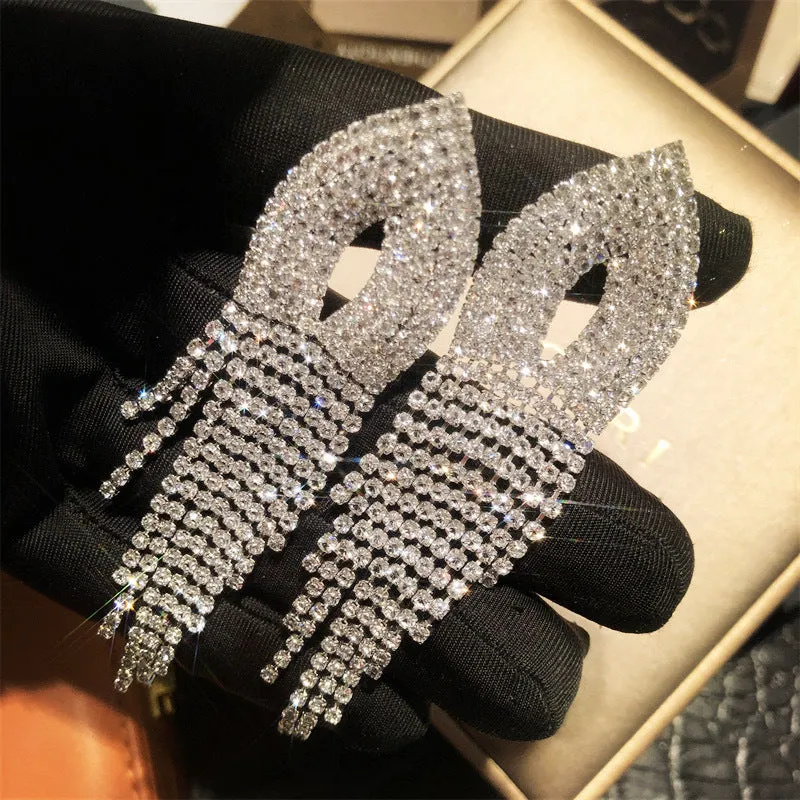 Design sense rhinestone long tassel drop earrings stud ear clips 731781713062 sold by Cocomelody product image thumbnail 5