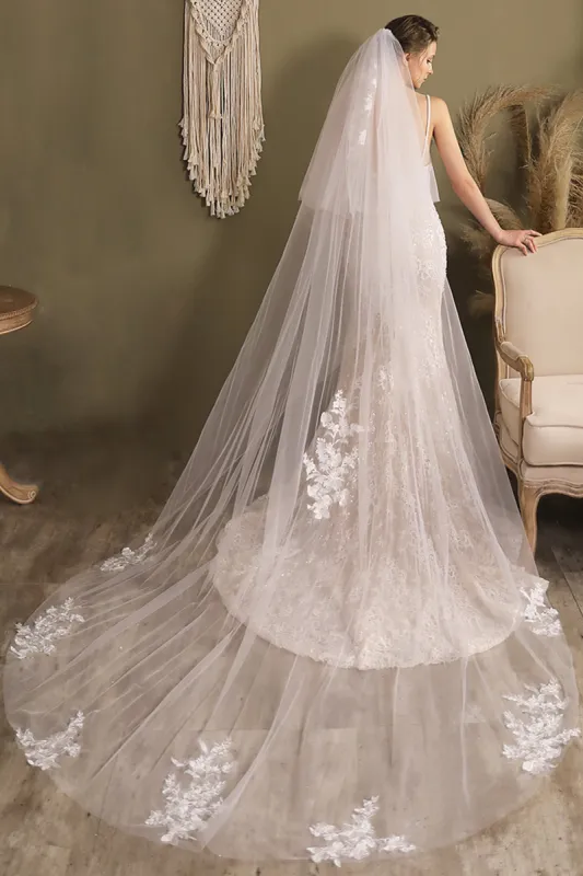 Two-tier Cut Edge Tulle Chapel Veils with Appliques CV0267 sold by Cocomelody