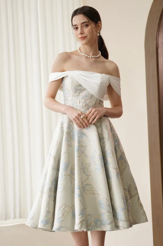 A-Line Tea Length Jacquard Satin Wedding Dress CW3318 sold by Cocomelody