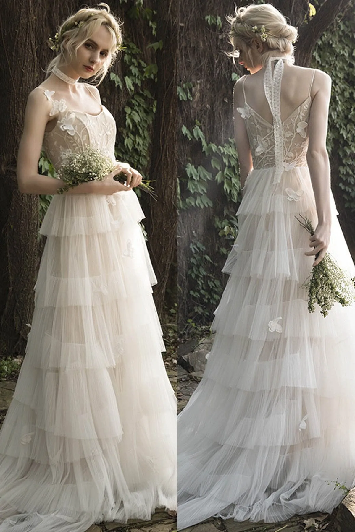 A-Line Sweep-Brush Train Lace Tulle Wedding Dress CW3021 sold by Cocomelody product image thumbnail 3