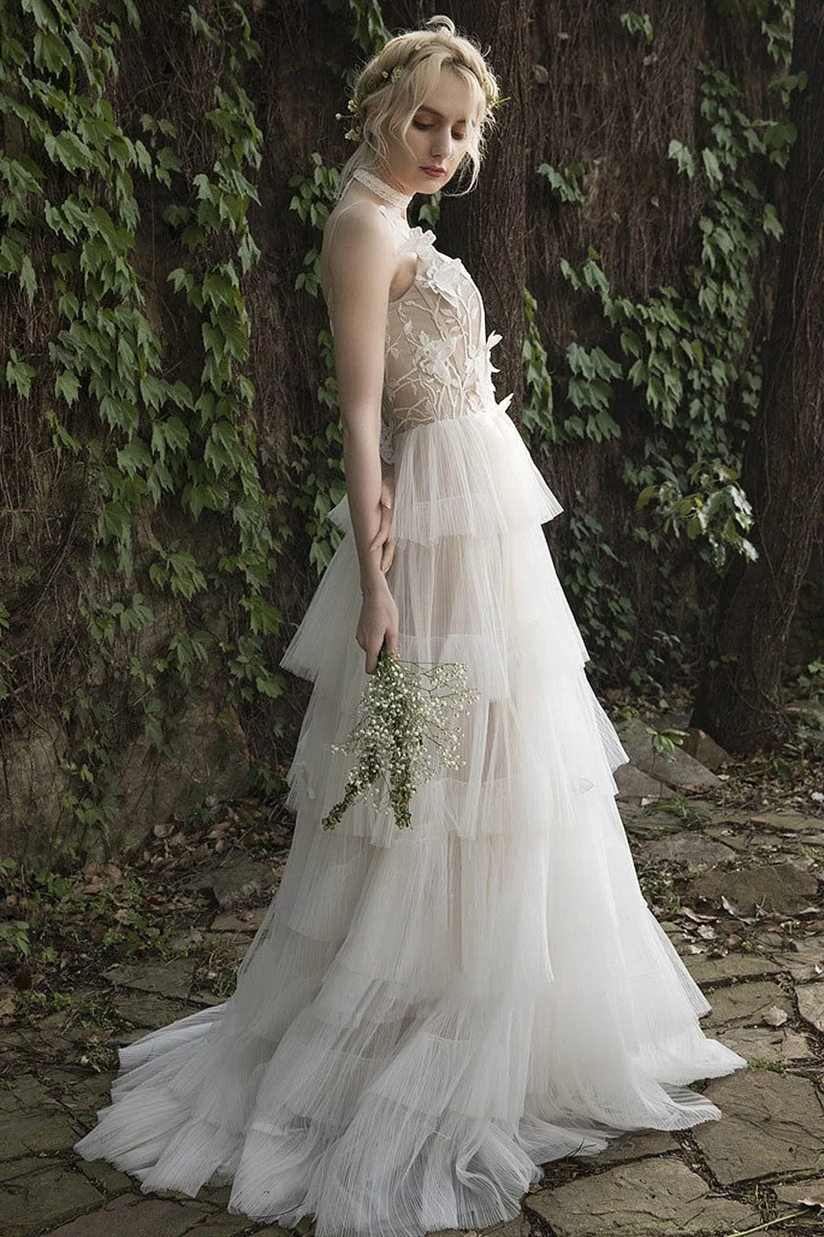 A-Line Sweep-Brush Train Lace Tulle Wedding Dress CW3021 sold by Cocomelody product image thumbnail 4