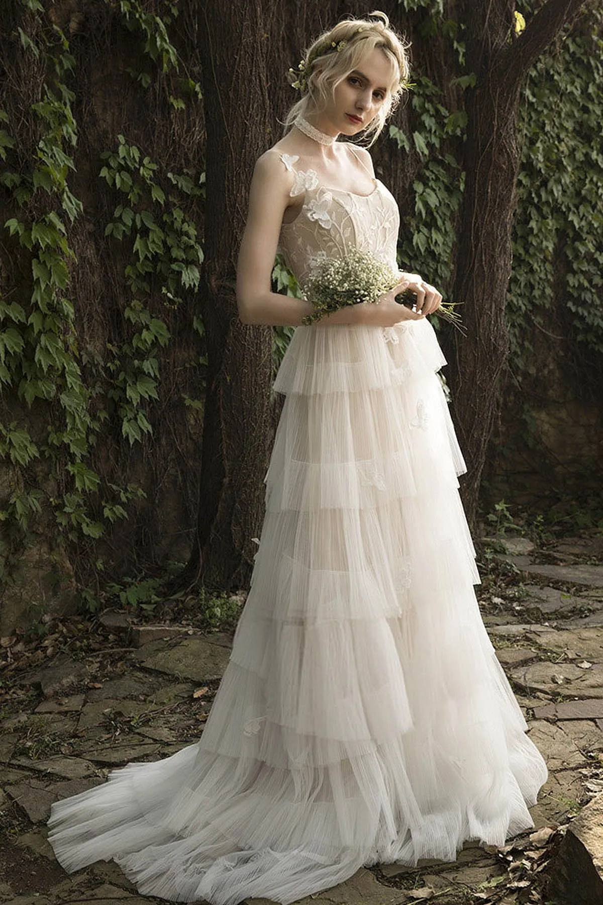 A-Line Sweep-Brush Train Lace Tulle Wedding Dress CW3021 sold by Cocomelody