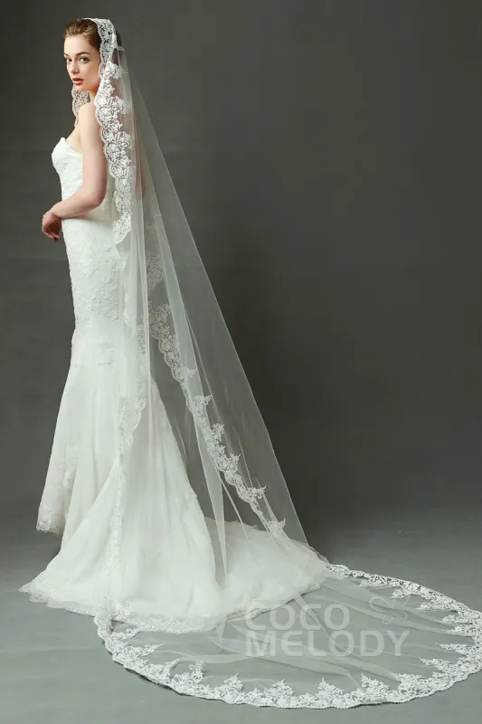 One-tier Lace Edge Tulle Chapel Veils Appliques AV160027 sold by Cocomelody