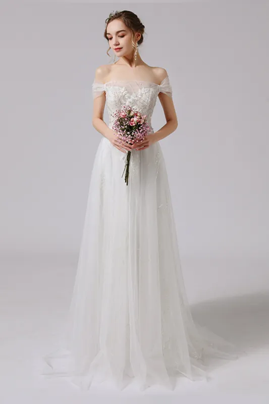 A-Line Sweep-Brush Train Lace Tulle Wedding Dress CW2716 sold by Cocomelody
