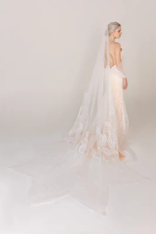 One-tier Lace Edge Tulle Cathedral Veils Appliques CV0245 made by Cocomelody