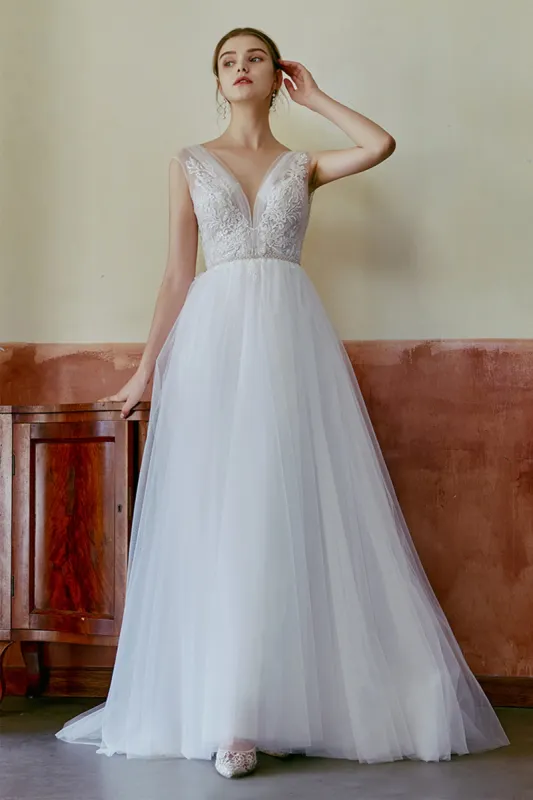 A-Line Floor Length Lace Tulle Wedding Dress CW2666 sold by Cocomelody