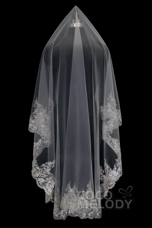 One-tier Lace Edge Tulle Waltz Veils with Appliques AV160026 sold by Cocomelody