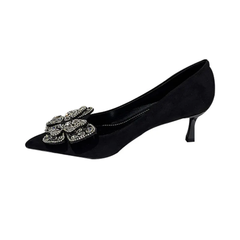 Black Suede Rhinestone Bowknot Pointy Stiletto Heels 770222542136 sold by Cocomelody