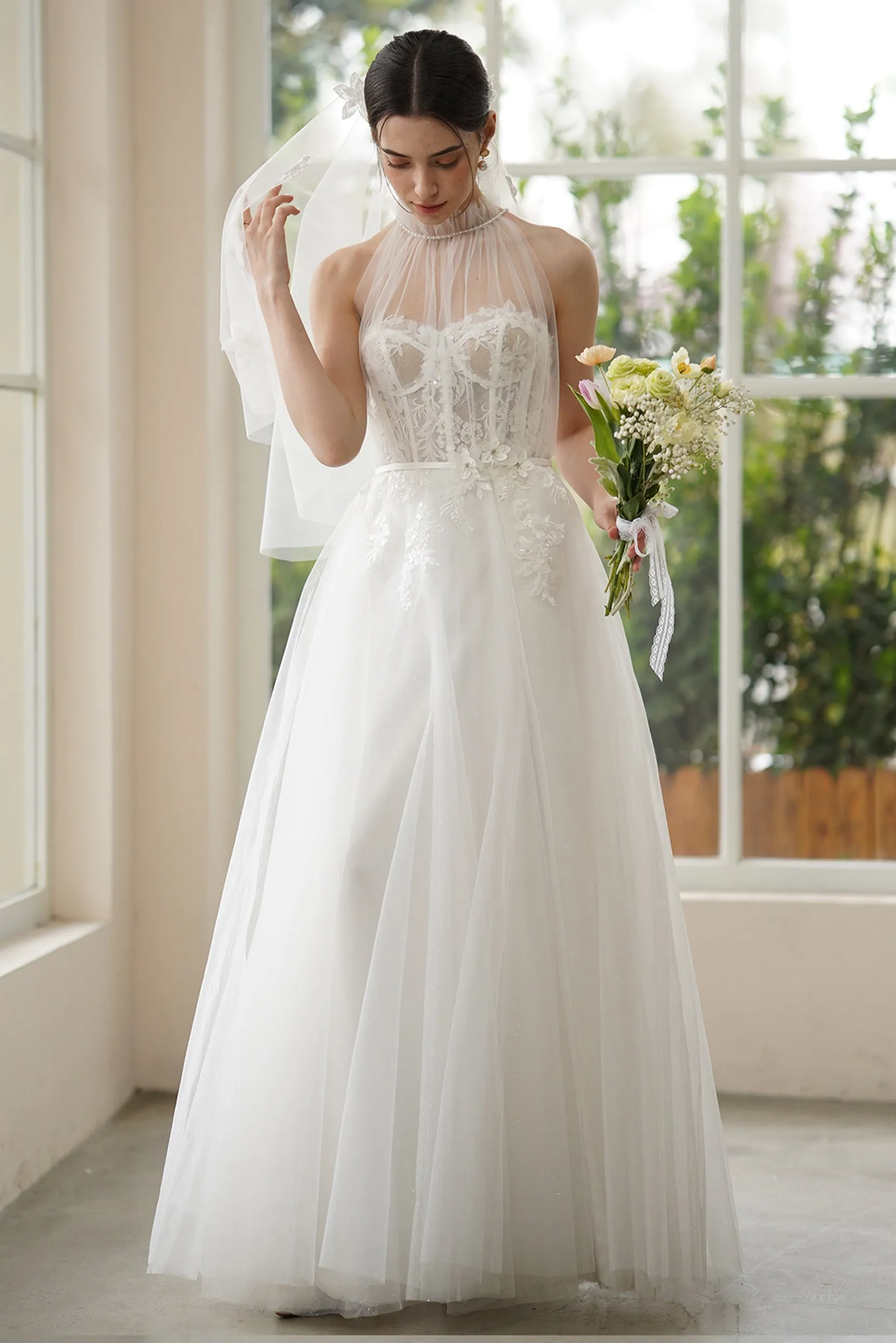 A-Line Sweep-Brush Train Lace Tulle Wedding Dress CW3315 sold by Cocomelody product image thumbnail 5