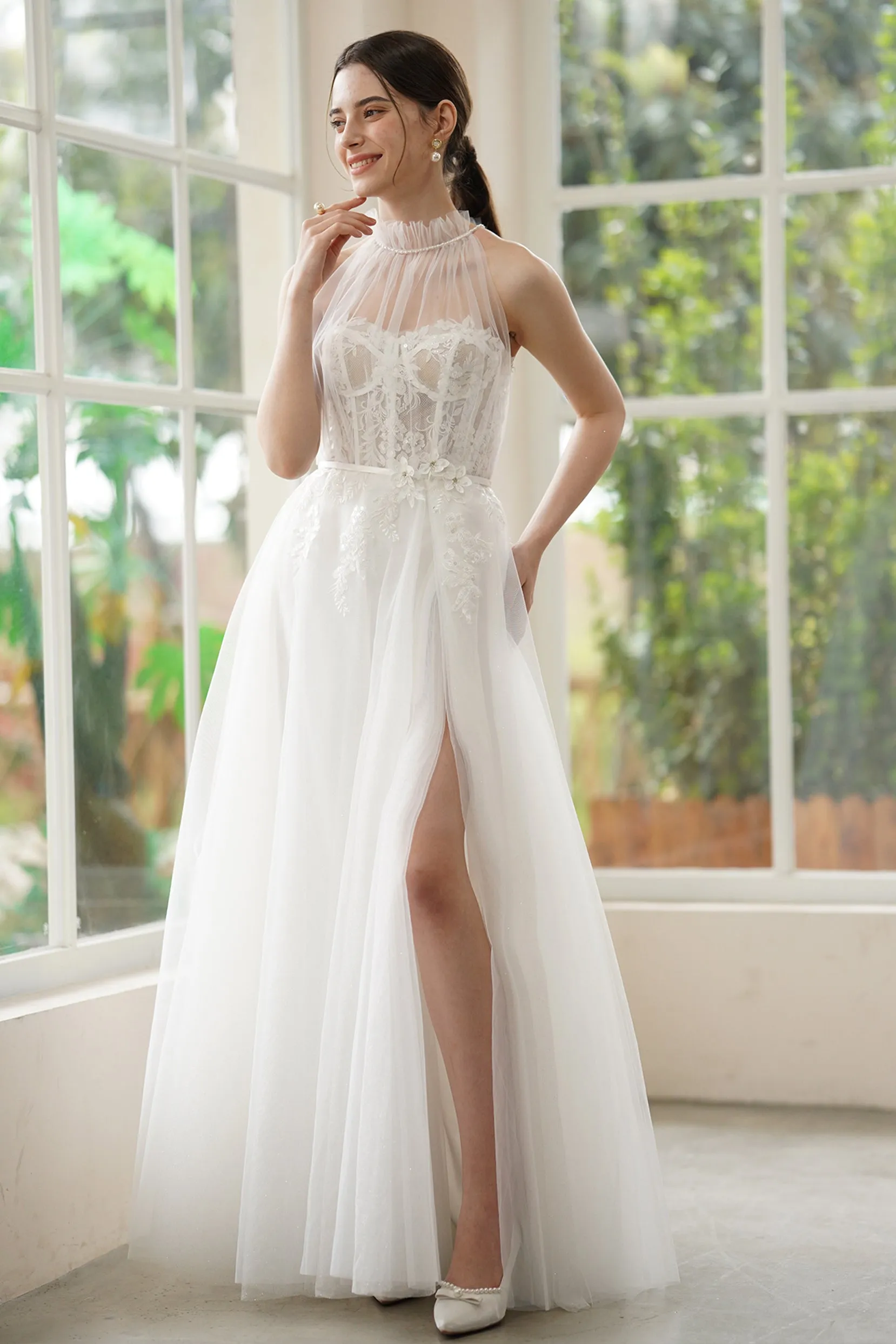 A-Line Sweep-Brush Train Lace Tulle Wedding Dress CW3315 sold by Cocomelody product image thumbnail 3