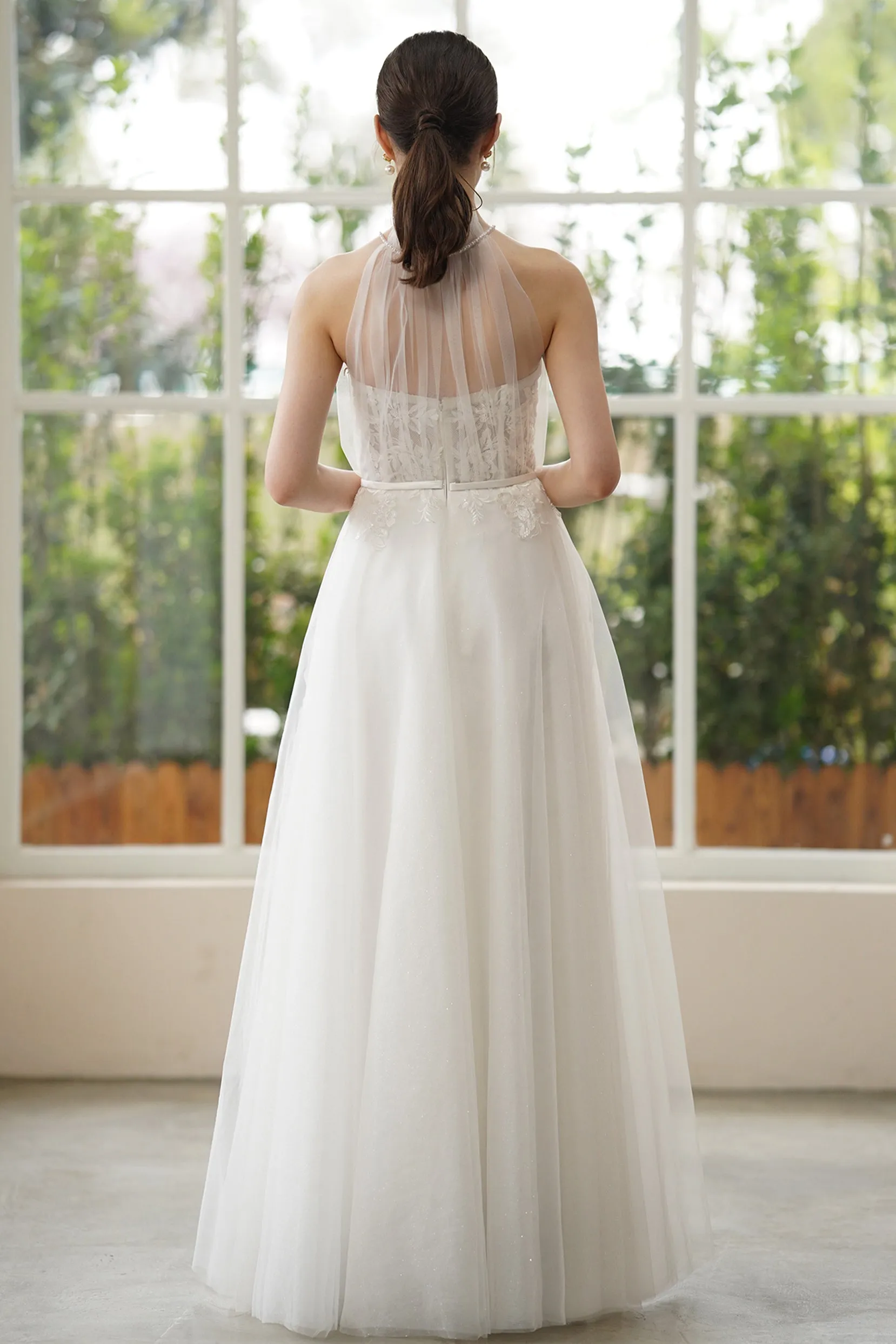 A-Line Sweep-Brush Train Lace Tulle Wedding Dress CW3315 sold by Cocomelody product image thumbnail 2