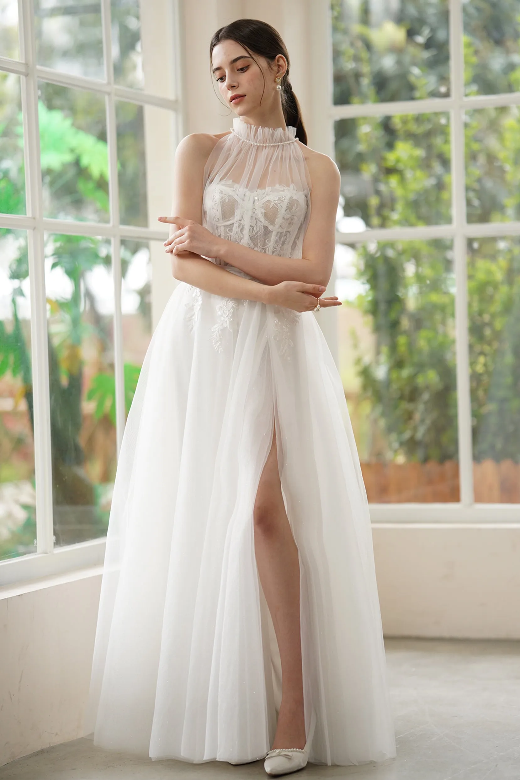 A-Line Sweep-Brush Train Lace Tulle Wedding Dress CW3315 sold by Cocomelody
