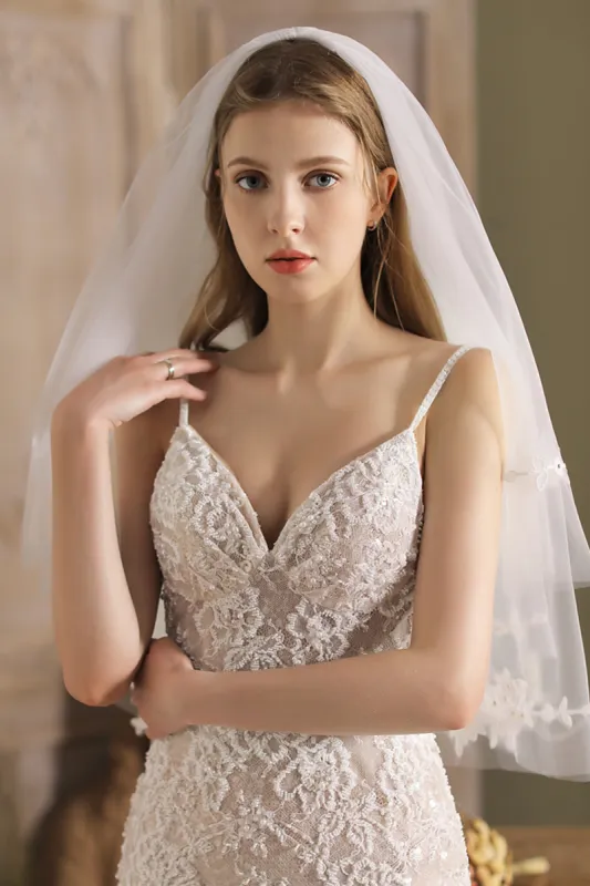 Two-tier Cut Edge Tulle Waist Veils Appliques Beading CV0263 sold by Cocomelody