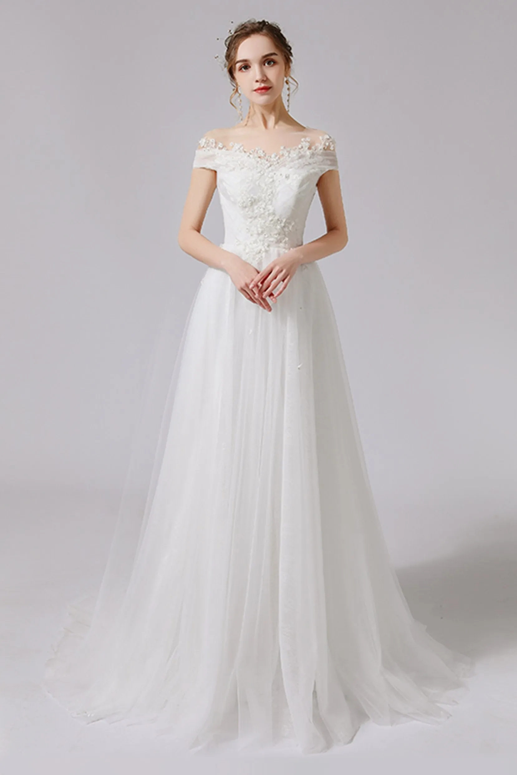 A-Line Sweep-Brush Train Lace Tulle Wedding Dress CW2711 sold by Cocomelody product image thumbnail 3