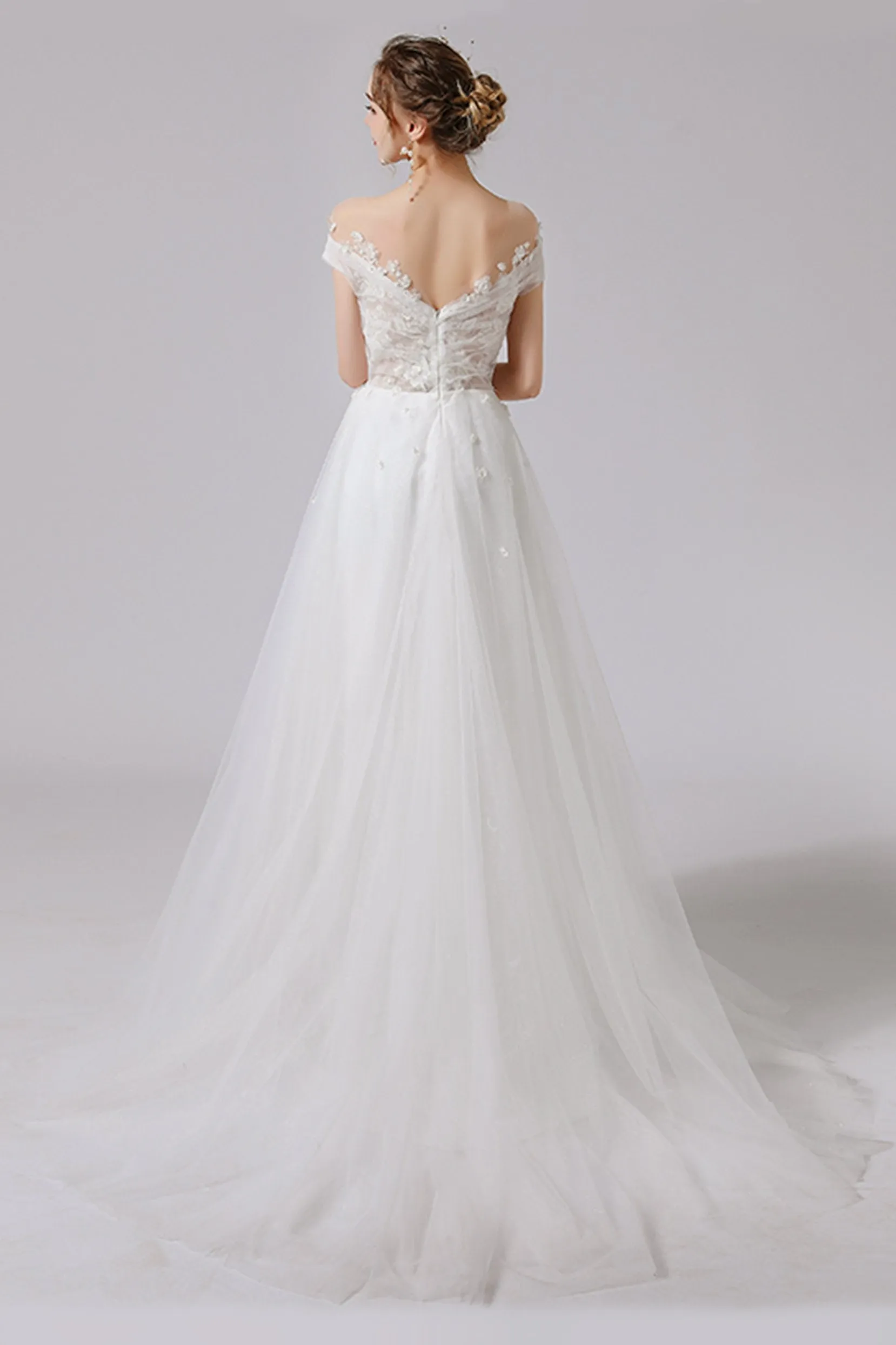 A-Line Sweep-Brush Train Lace Tulle Wedding Dress CW2711 sold by Cocomelody product image thumbnail 2