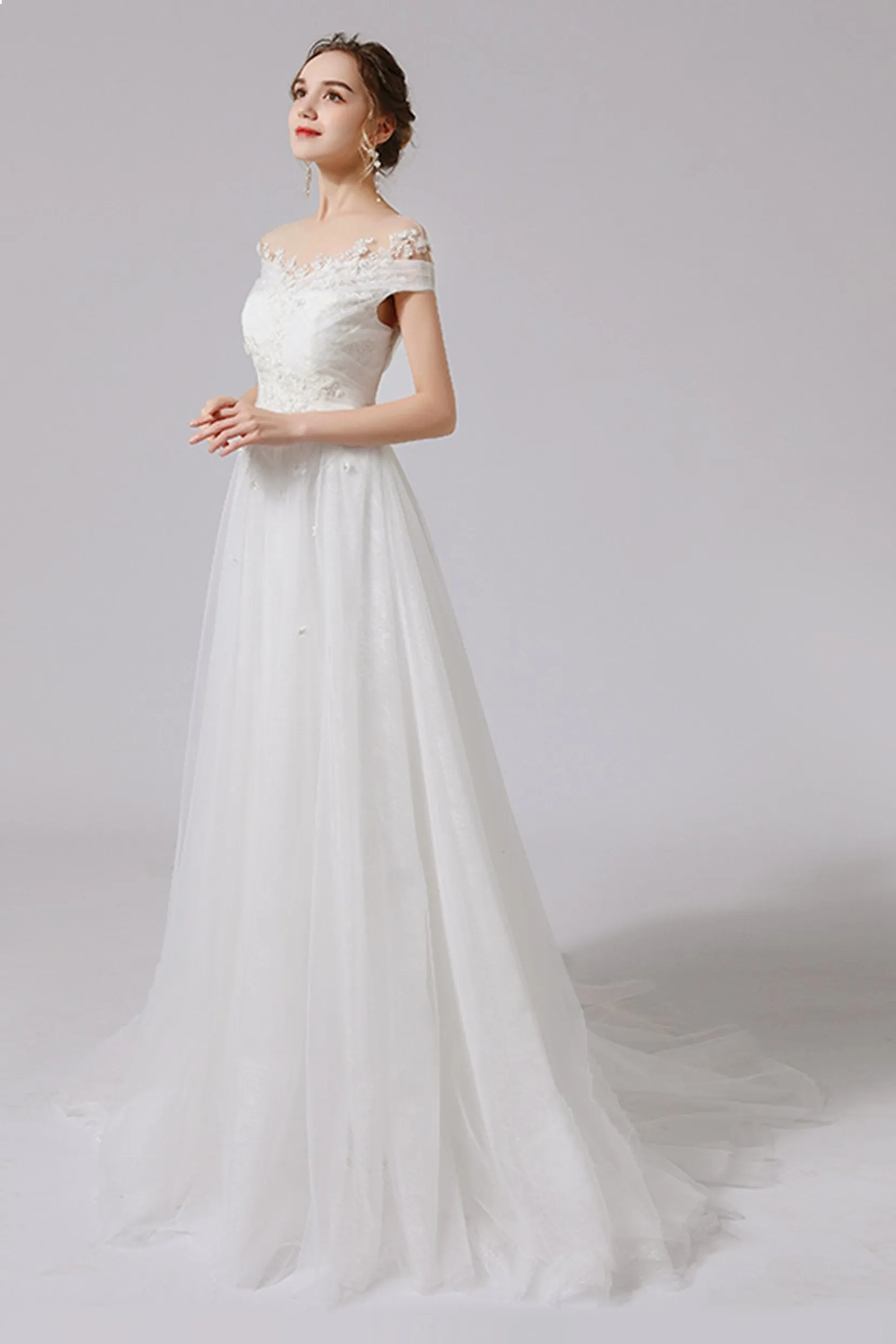 A-Line Sweep-Brush Train Lace Tulle Wedding Dress CW2711 sold by Cocomelody product image thumbnail 4