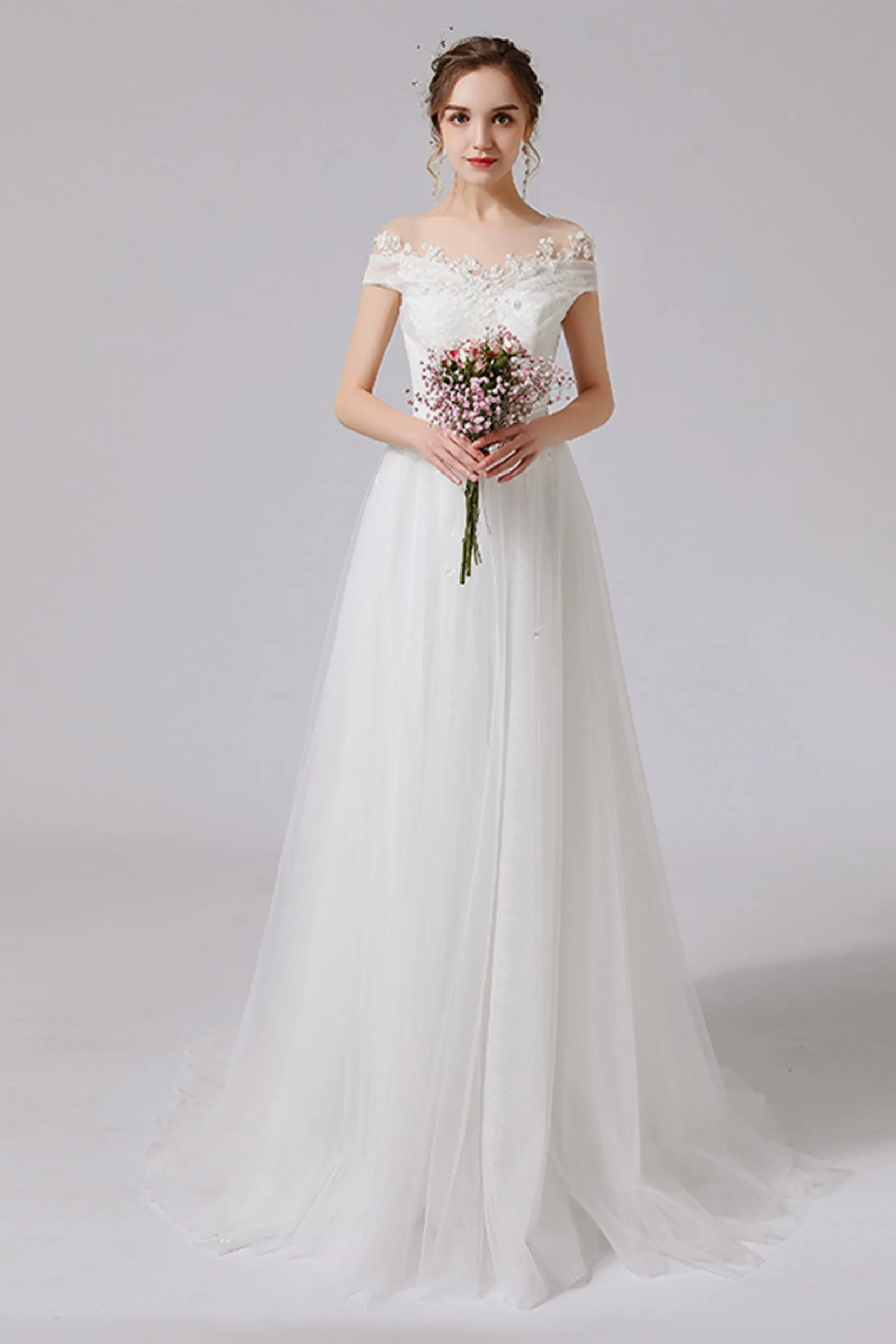 A-Line Sweep-Brush Train Lace Tulle Wedding Dress CW2711 sold by Cocomelody