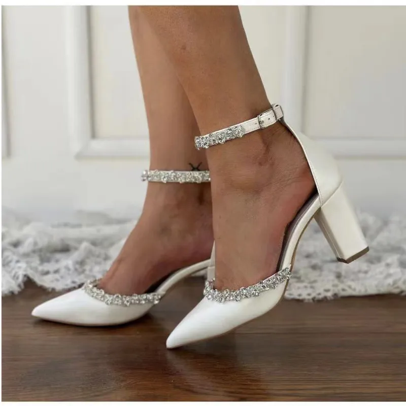 White Rhinestone Ankle Strap Pointy Block Heels 731350490264 sold by Cocomelody