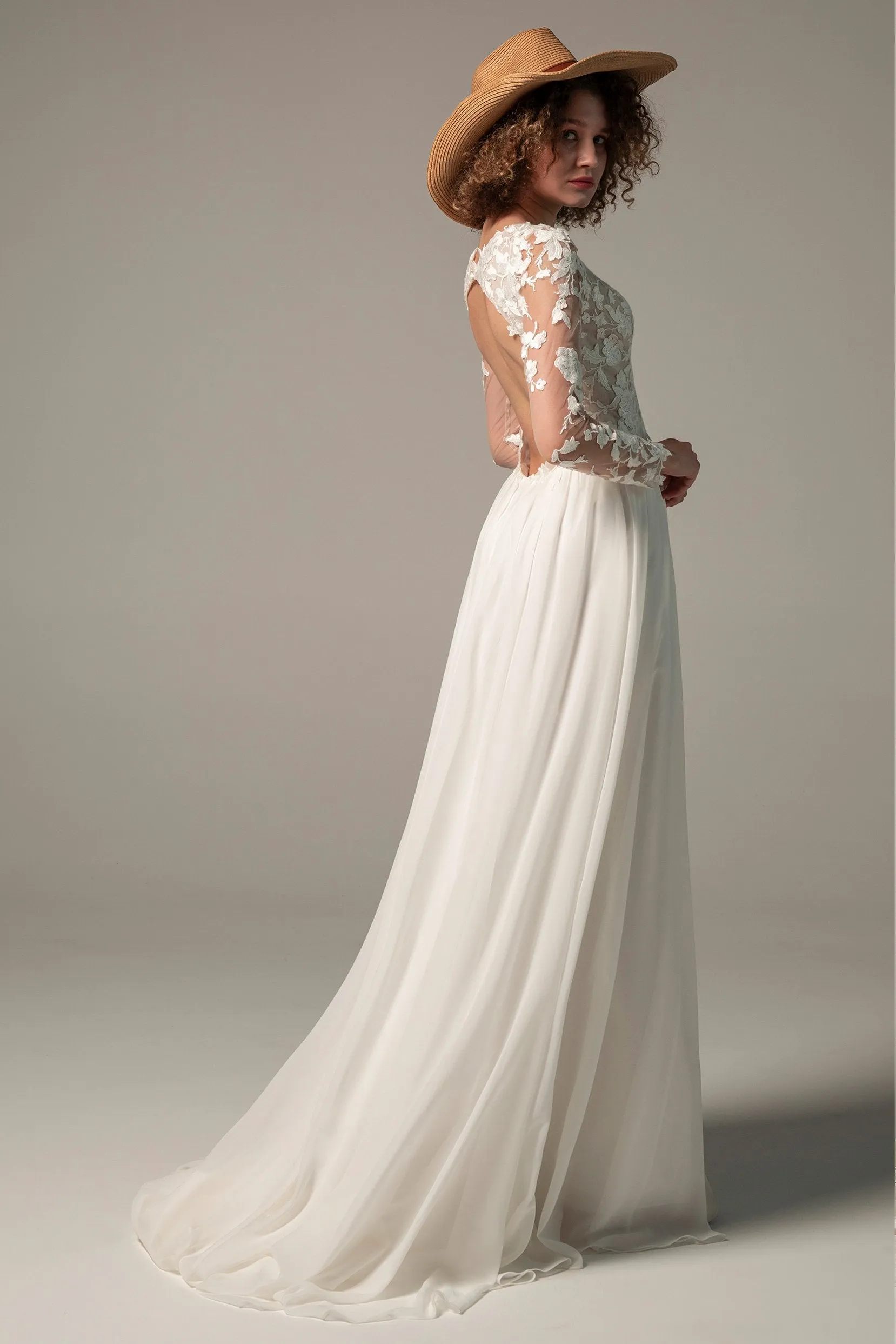 A-Line Court Train Chiffon Lace Wedding Dress CW2352 sold by Cocomelody product image thumbnail 2