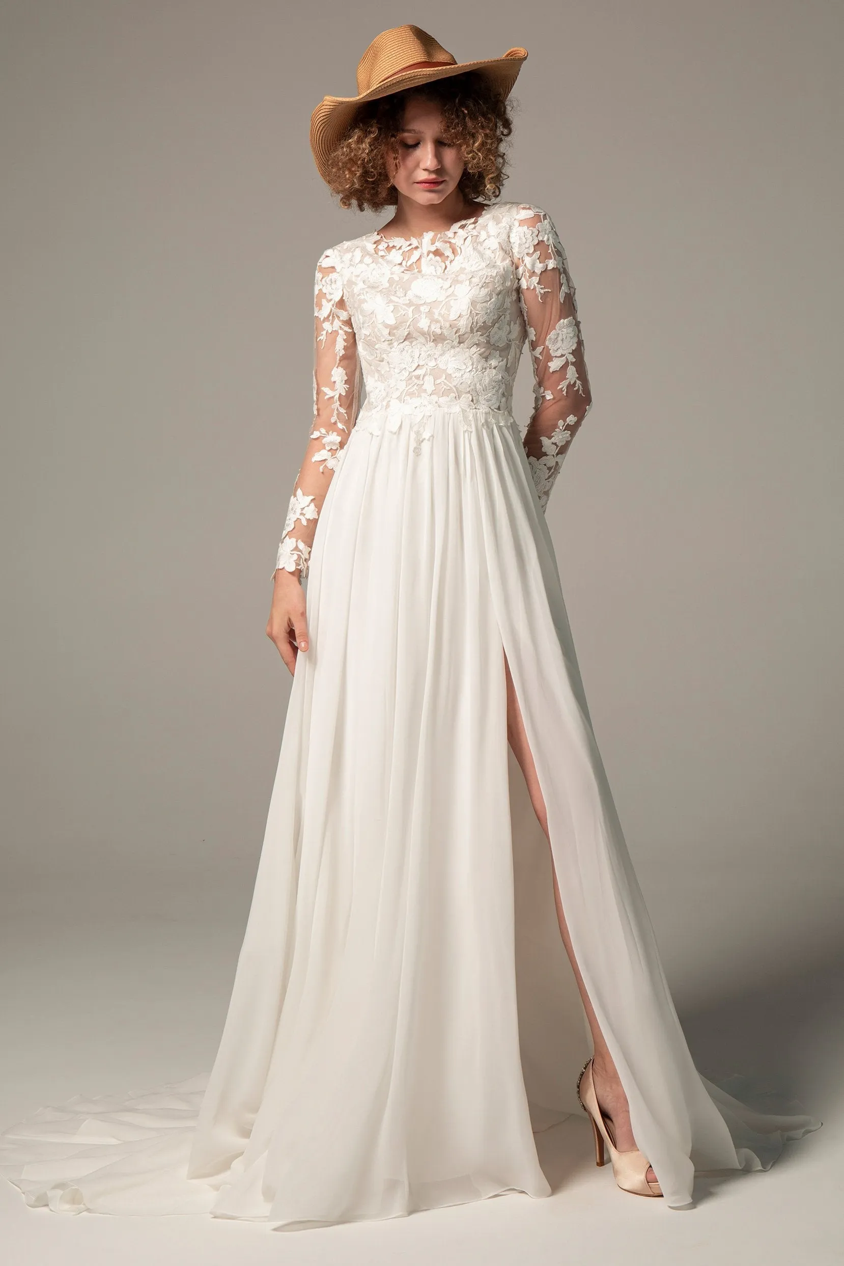 A-Line Court Train Chiffon Lace Wedding Dress CW2352 sold by Cocomelody product image thumbnail 5