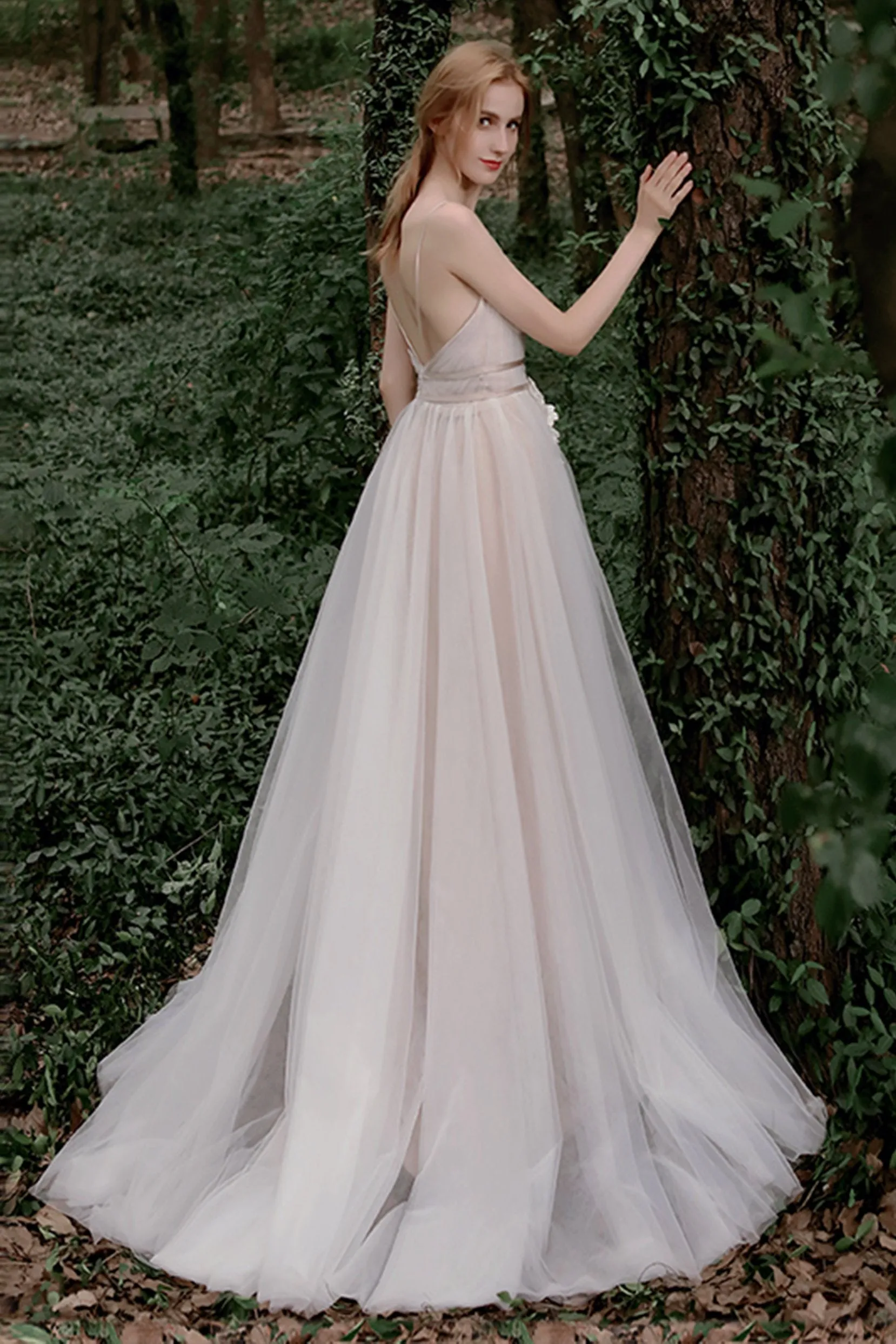 A-Line Sweep-Brush Train Lace Tulle Wedding Dress CW2760 sold by Cocomelody product image thumbnail 5