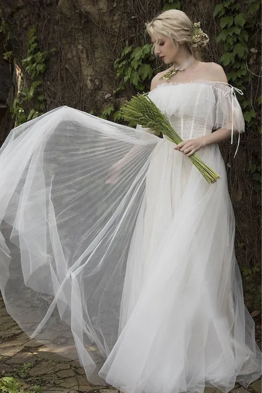 A-Line Sweep-Brush Train Tulle Wedding Dress CW3015 sold by Cocomelody