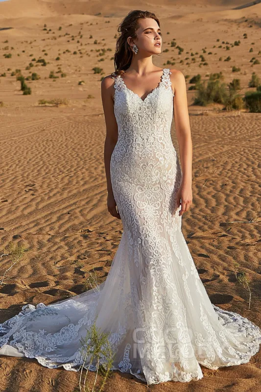 Trumpet-Mermaid Court Train Tulle Lace Wedding Dress LD5810 made by Cocomelody