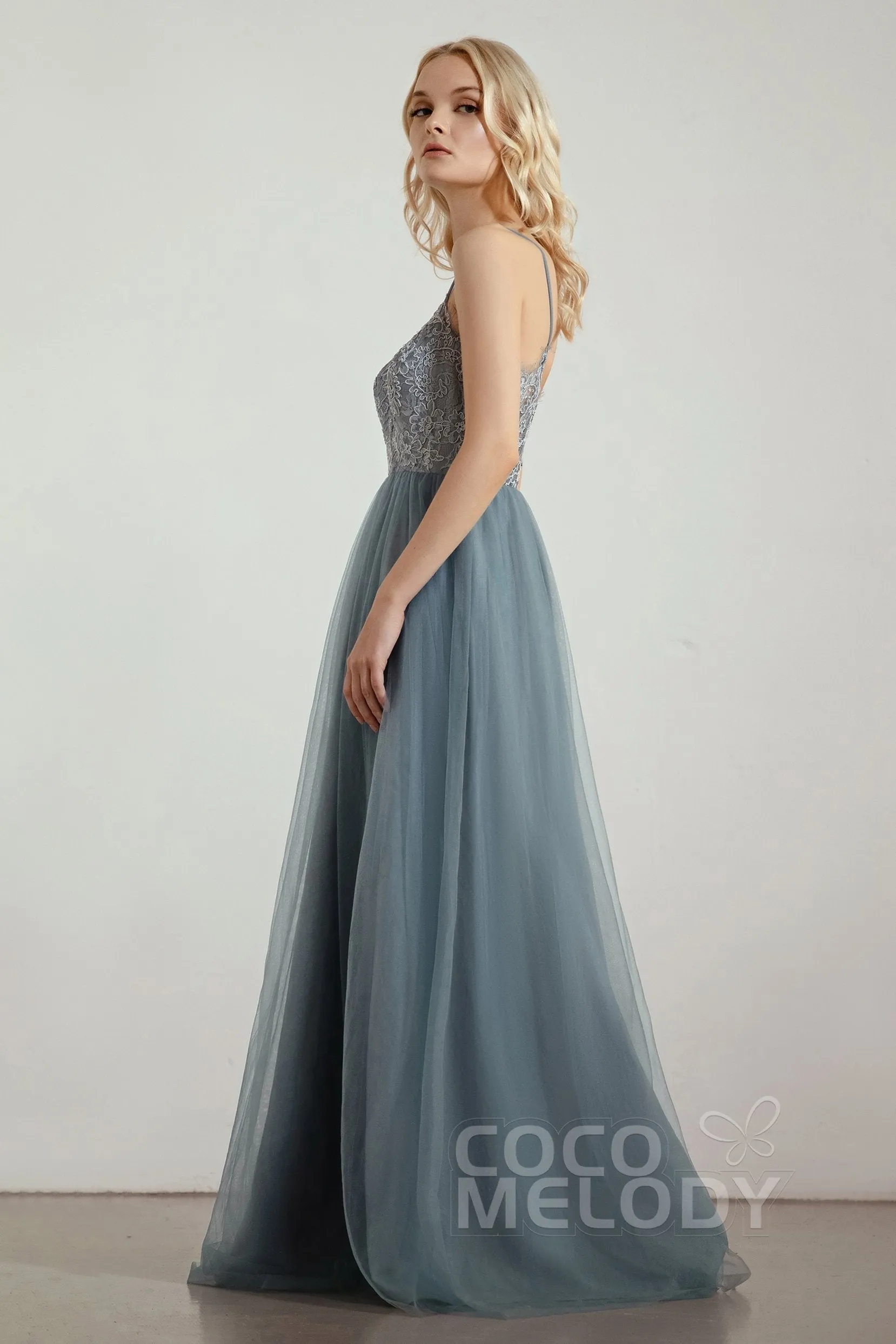 A-Line Floor Length Tulle Lace Bridesmaid Dress CB0437 sold by Cocomelody product image thumbnail 3