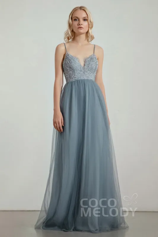 A-Line Floor Length Tulle Lace Bridesmaid Dress CB0437 sold by Cocomelody