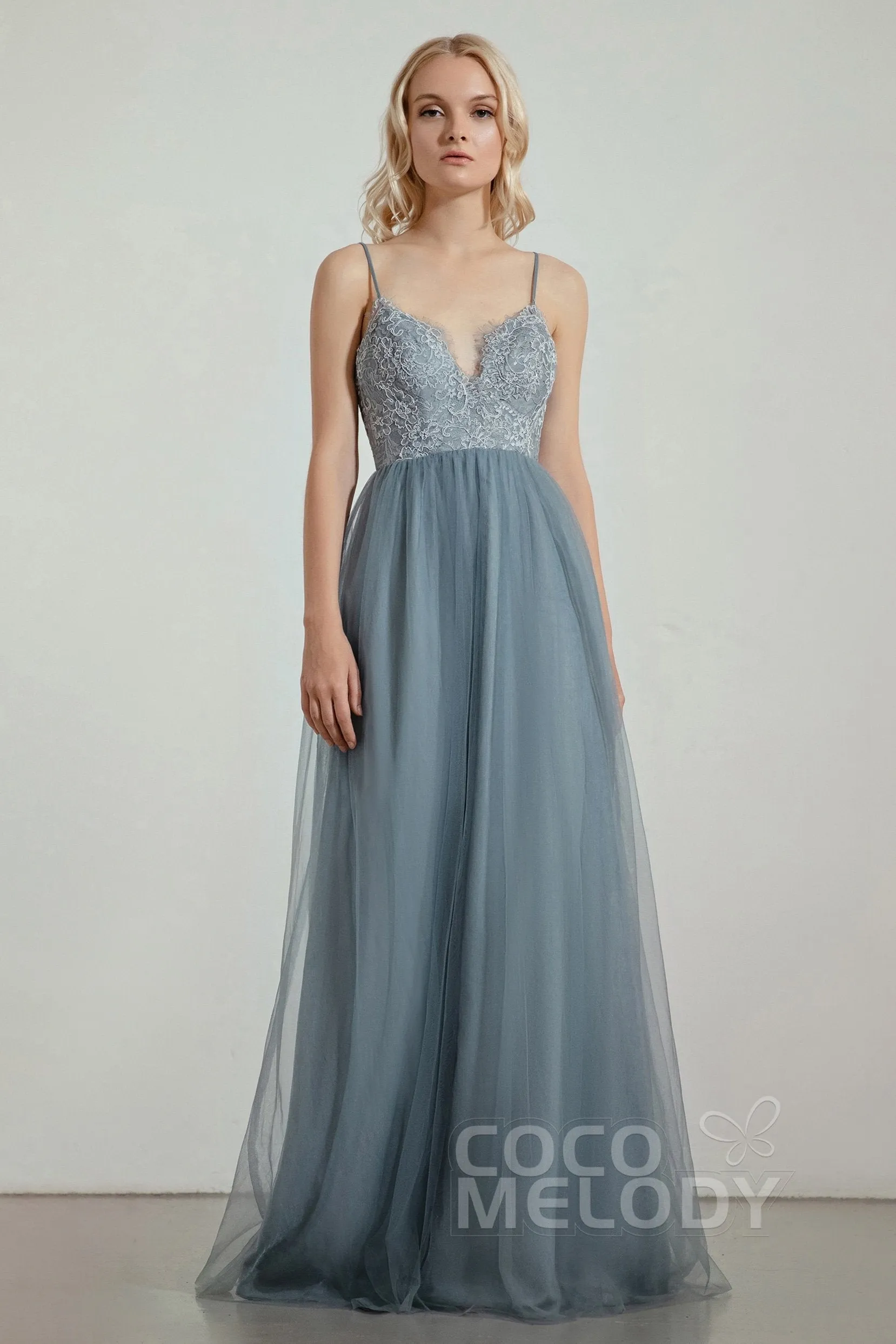 A-Line Floor Length Tulle Lace Bridesmaid Dress CB0437 sold by Cocomelody