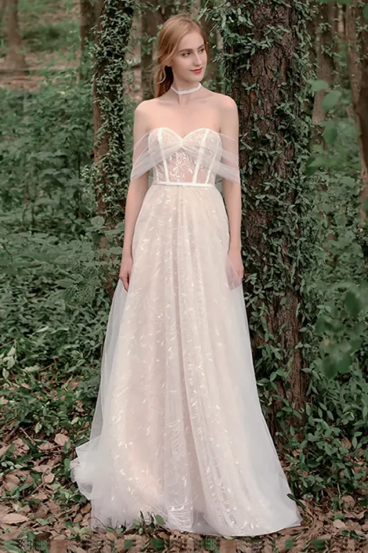 A-Line Sweep-Brush Train Lace Tulle Wedding Dress CW2758 sold by Cocomelody