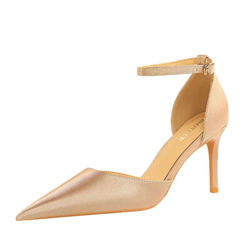 Champagne Satin Pointy Stiletto Heels 674228626275 sold by Cocomelody