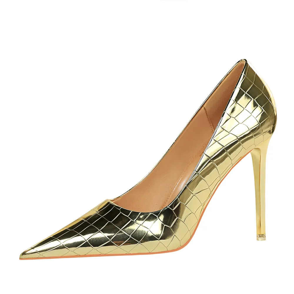 Gold Faux Leather Pointy Stiletto Heels 666858462308 sold by Cocomelody